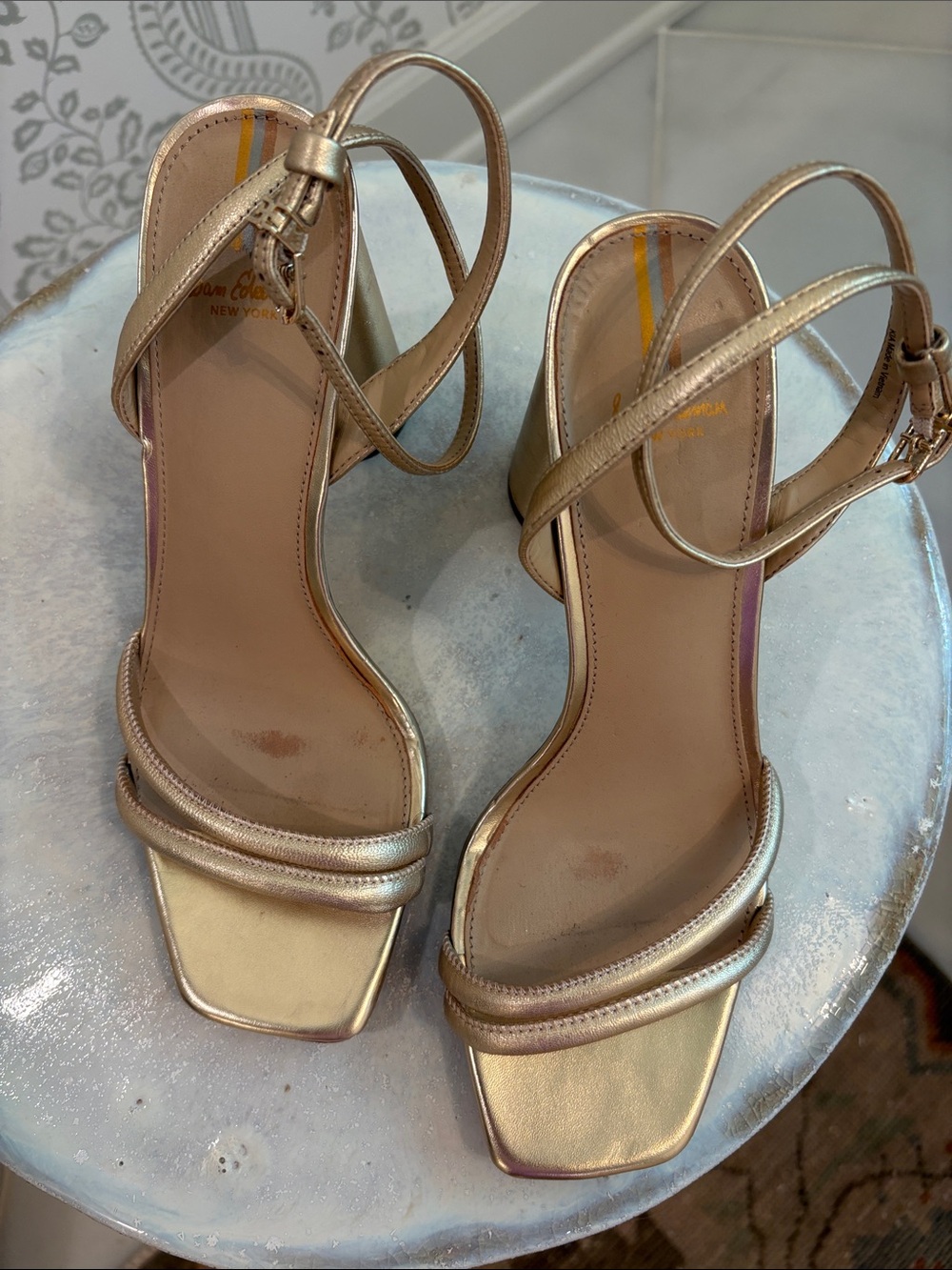 Sam Edelman Metallic Gold Strappy Square Toe Block Heels - Picture 5 of 5